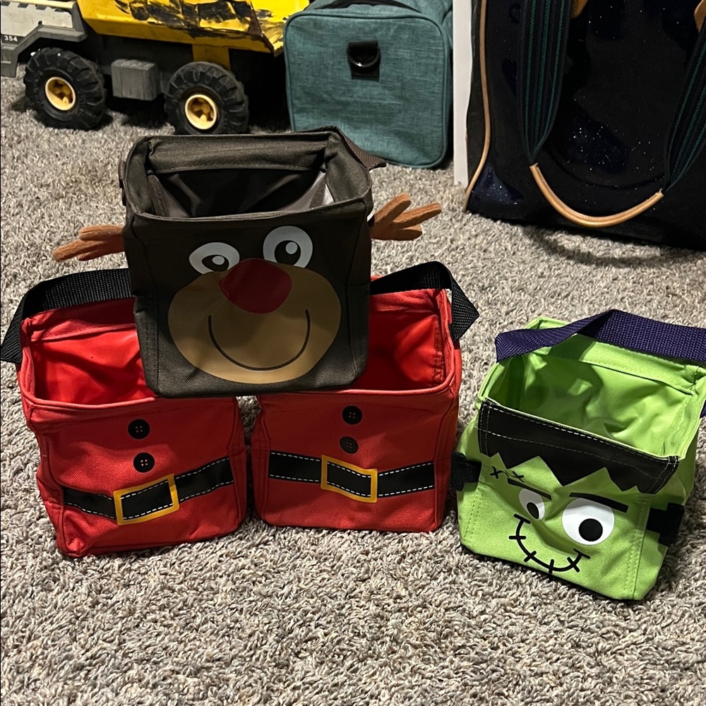 Festive Kids Storage Bags Set - Red, Green, Brown